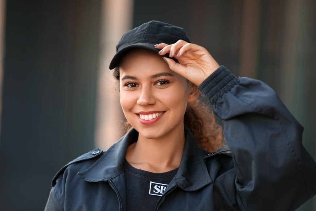 portrait d'une femme souriante avec une casquette exerçant le métier d'agent de sécurité