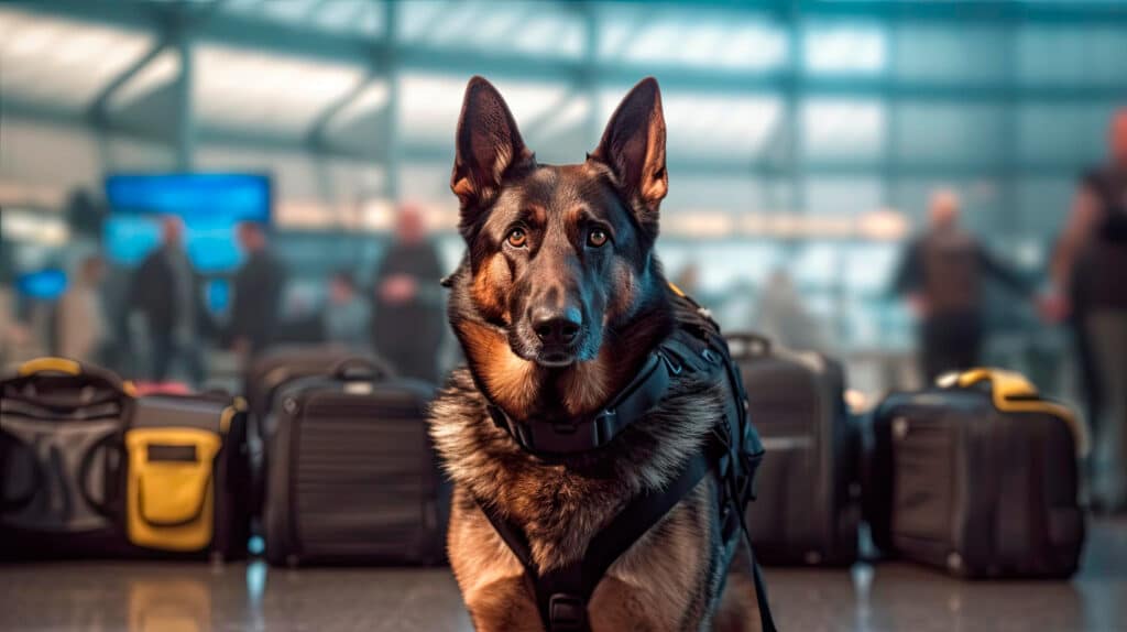 Un berger allemand se tenant devant plusieurs bagages dans un aéroport.