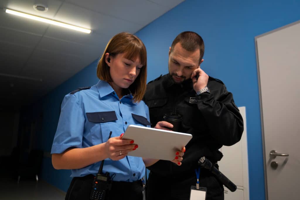 Une femme portant une tenue bleue portant une tablette discutant avec un homme en tenue de sécurité de couleur noir.